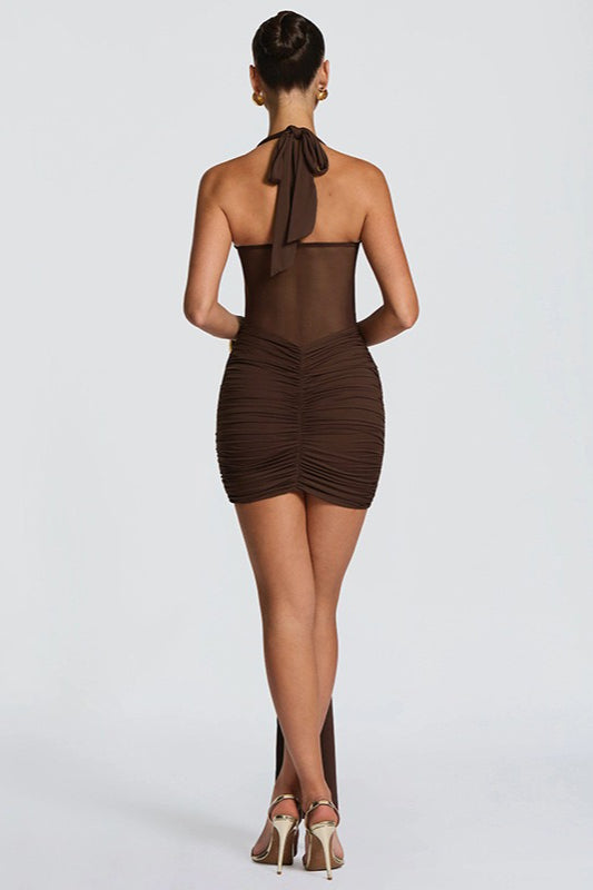 Halter Sweetheart Twist-Front Ruched Sash Mini Dress