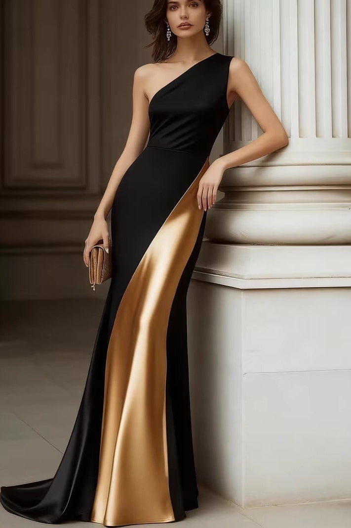 Colorblock Satin One Shoulder Mermaid Maxi Gown - View 2