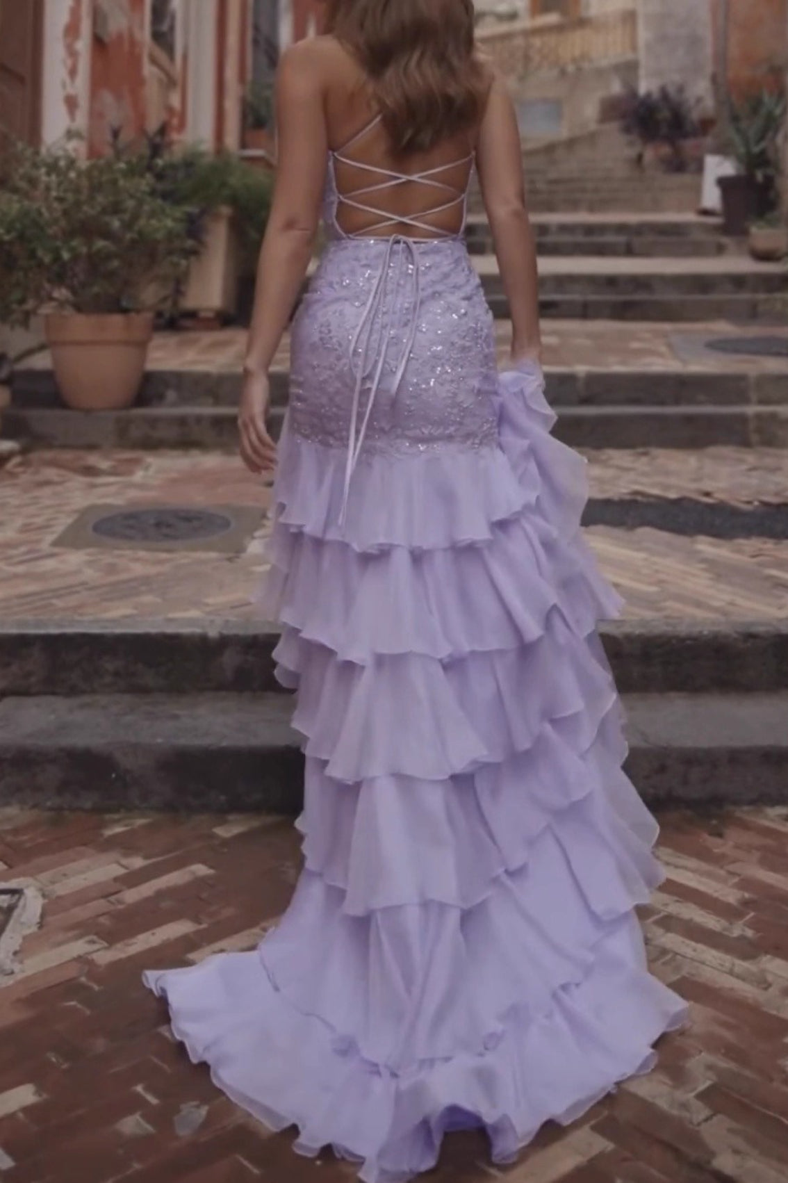 Lace V-Neck High Split Tiered Ruffle Maxi Gown 3