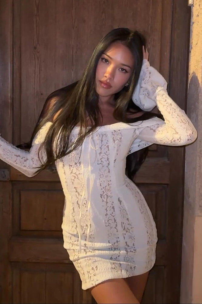 Lace Off Shoulder Long Sleeve Bodycon Mini Dress