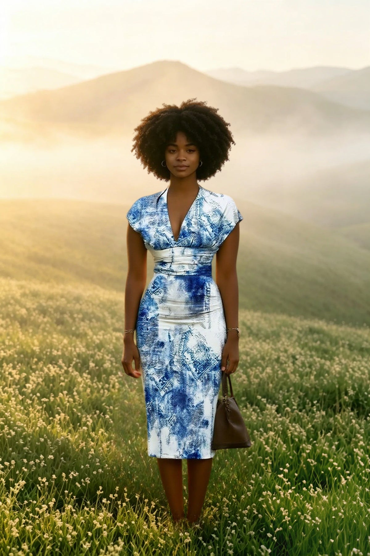 Denim Patchwork V-Neck Cap Sleeve Midi Dress 4