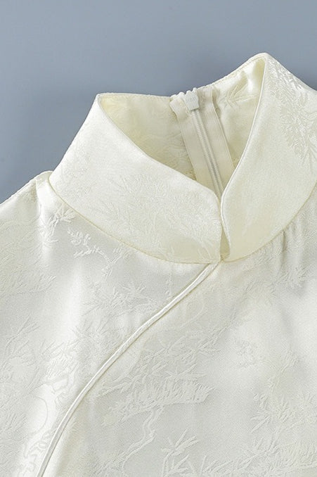 Satin Jacquard Mandarin Collar Cap Sleeve Mini Dress