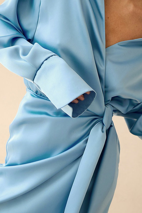 Collared Long Sleeve Wrap Tie Satin Mini Shirt Dress 3