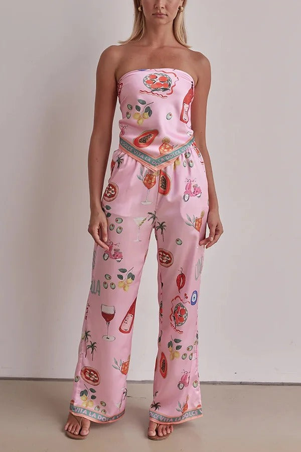 Linen Blend Unique Printed Bandeau Top and Elastic Waist Pocket Pants Set - Fashionpara