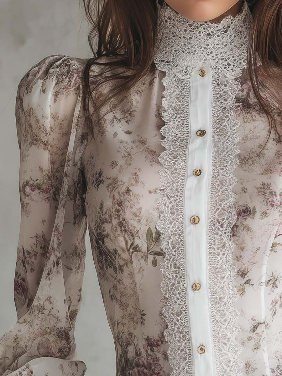 Victorian Style Floral Chiffon Blouse