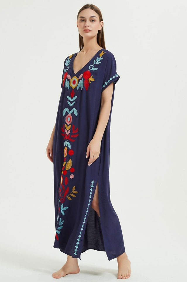 Embroidered V-Neck Short-Sleeve Kaftan Maxi Dress 9