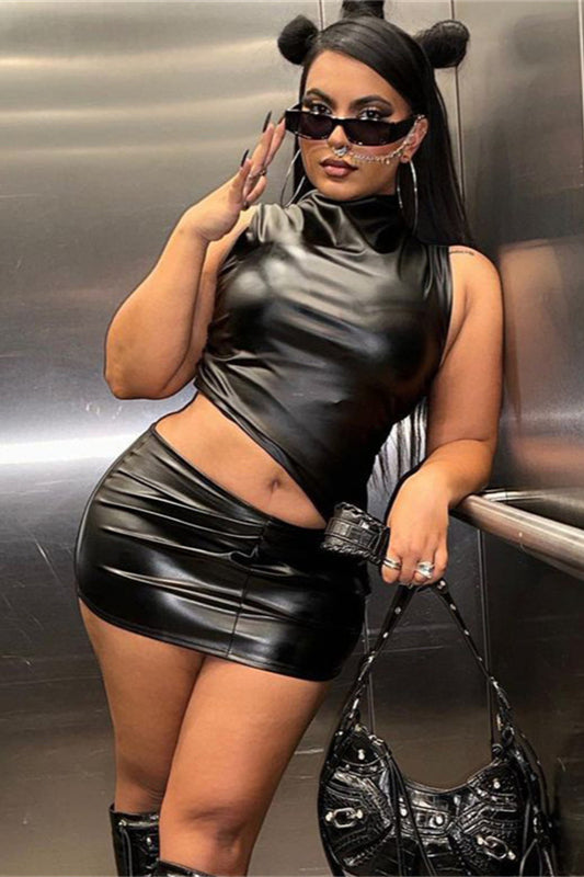 Black PU High Collar Sleeveless Ruched Skirt Two Pieces Set