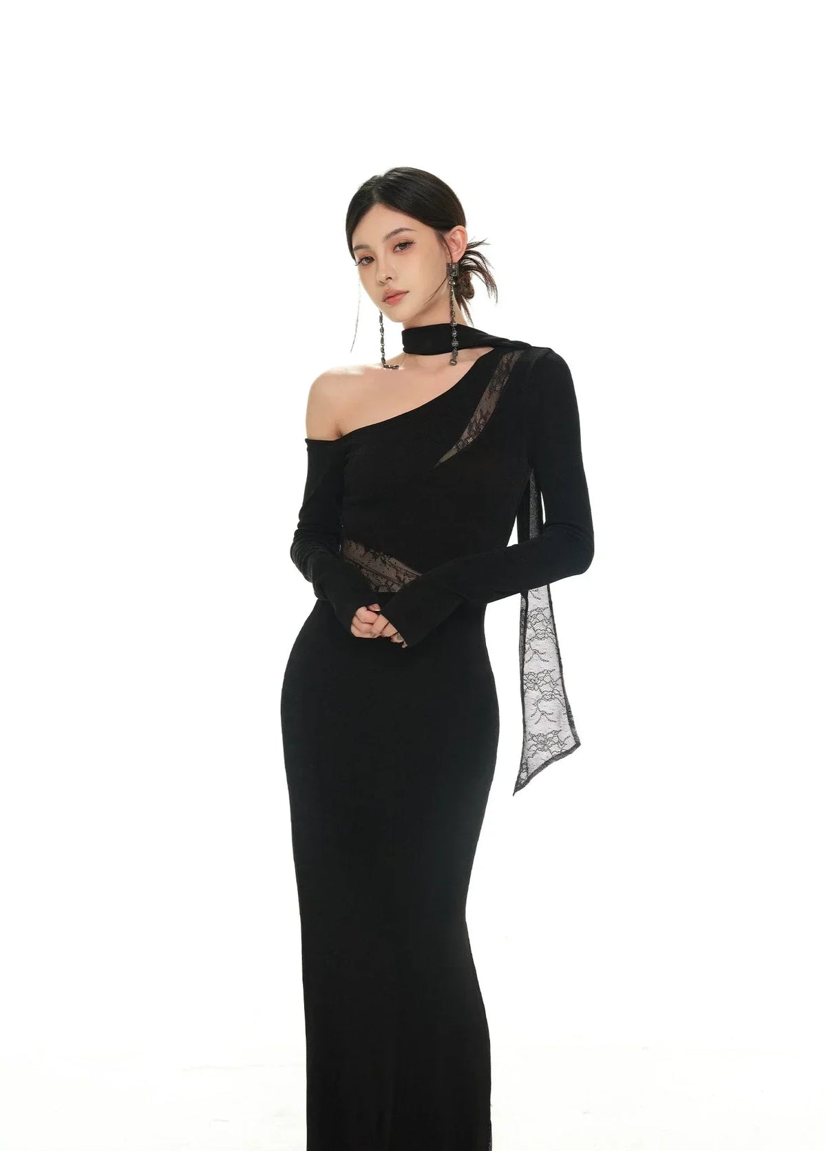 One-Shoulder Long Sleeve Lace Cut-Out Maxi Dress 13