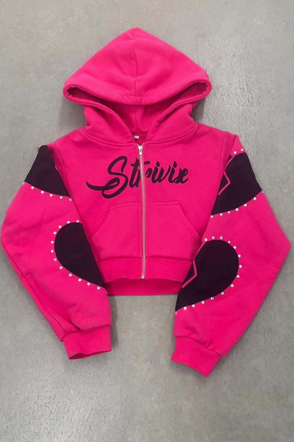 Heart Print Rhinestone Loose Fit Hoodie
