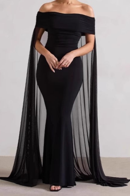 Off Shoulder Cape Sleeve Ruched Mermaid Gown - View 5