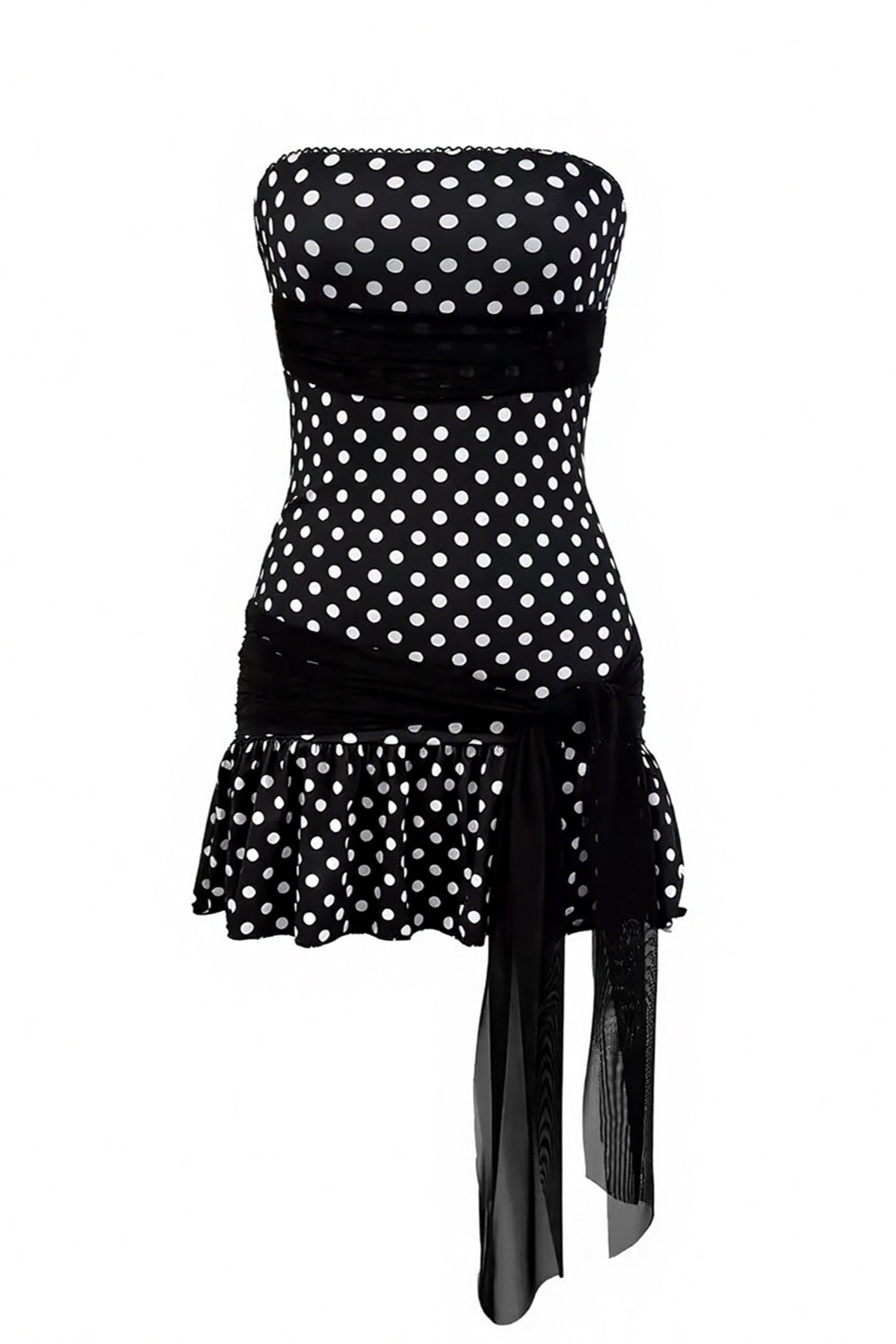 Polka Dot Strapless Ruched Drop Hem Mini Dress 5