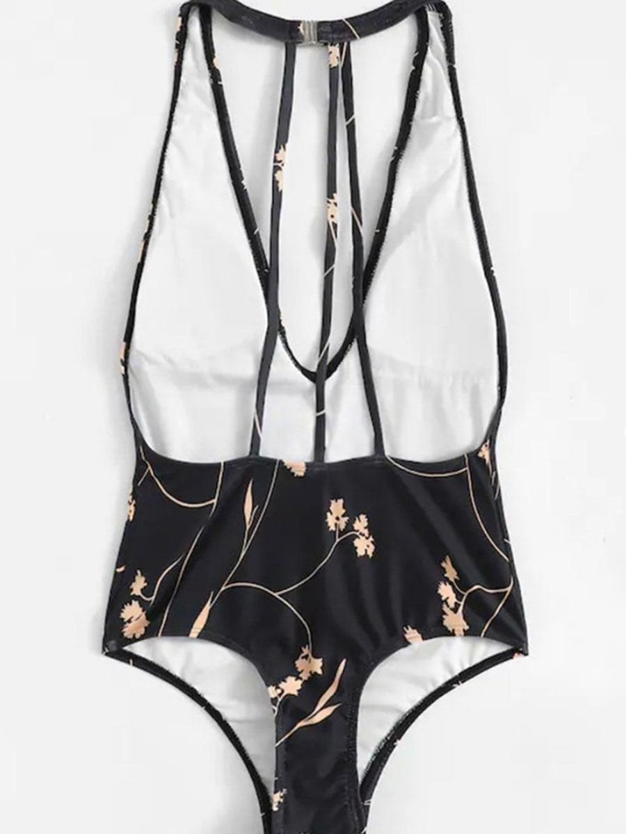 Skinny V Neck Floral Print Black One-piece Swimsuit - Fashionpara