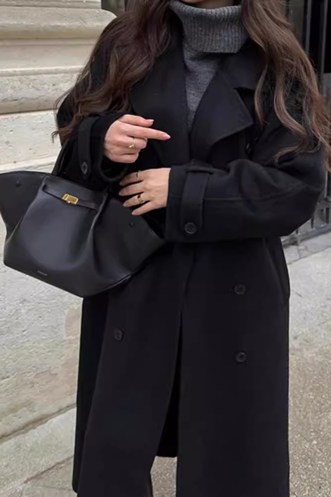 Notched Lapel Long Wool Cinch Belt Overcoat - Fashionpara