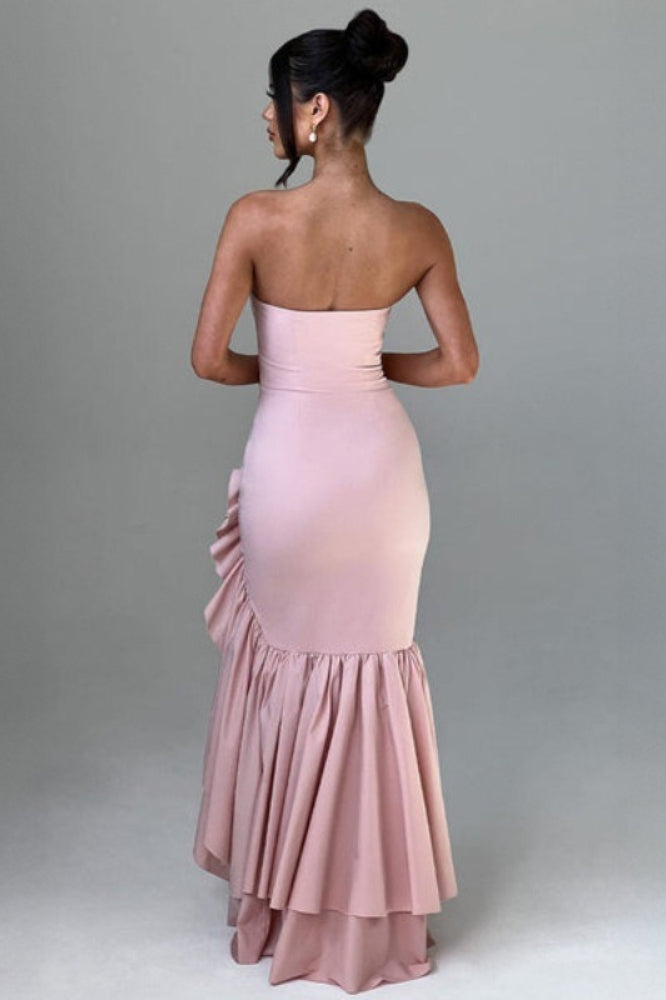 Satin Strapless Corset Ruffle-Hem Mermaid Gown