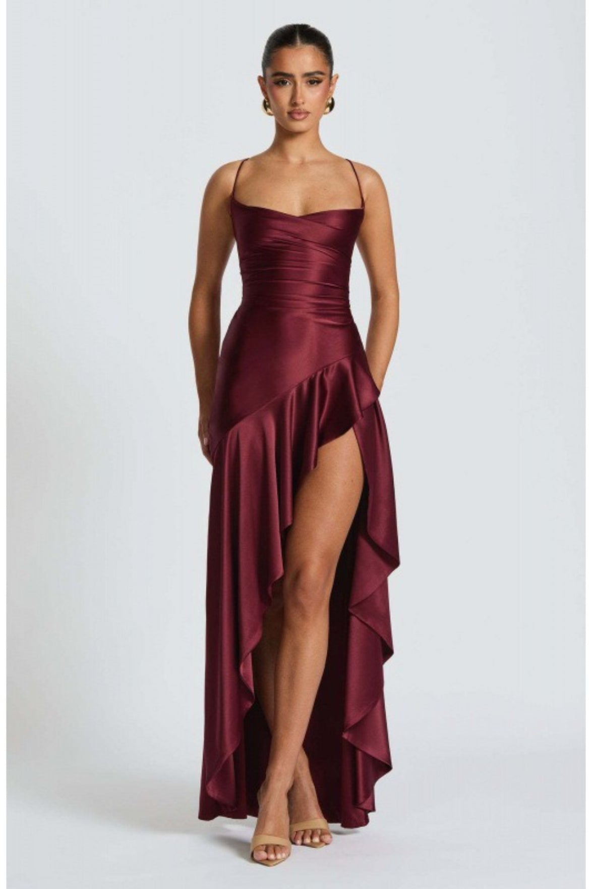 Satin Cowl Neck Lace Up Back Ruffle Maxi Dress 9