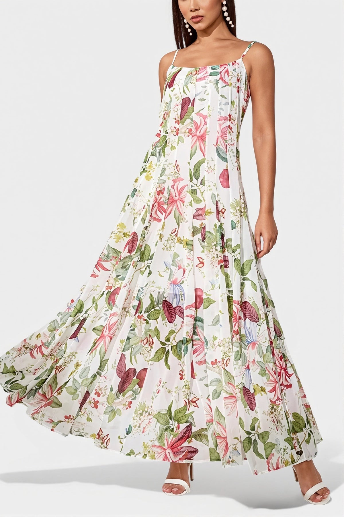 Floral Square Neck Pleated A-Line Maxi Dress