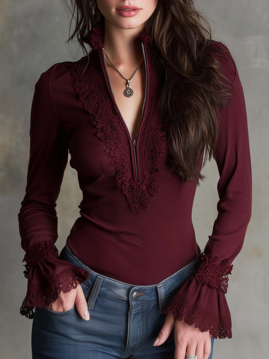 Vintage Ribbed Lace Trim Long-Sleeve Blouse