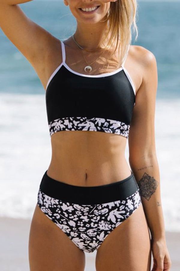 Floral Printed Patchwork Black Tankini Bikini Set - Fashionpara