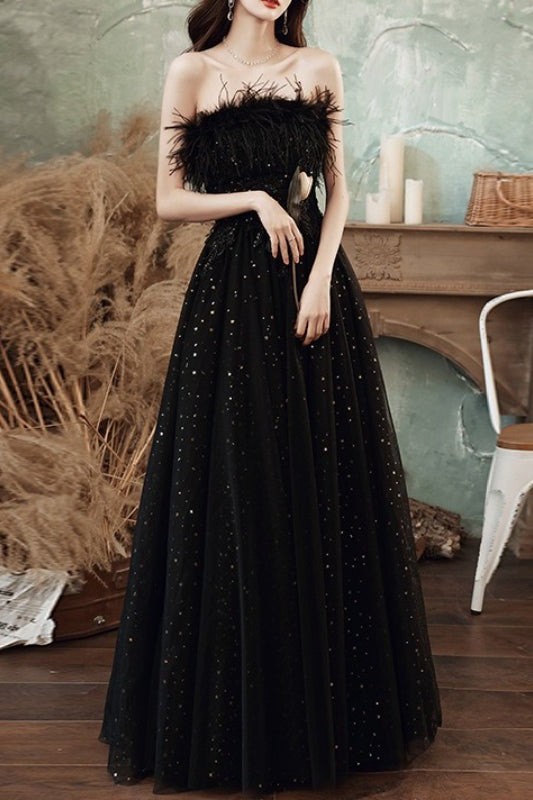 Strapless Feather Trim Glitter Tulle A-Line Prom Gown