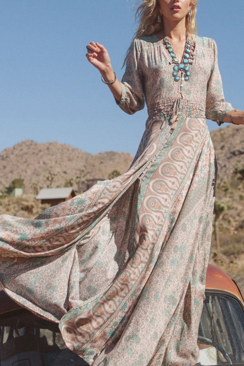 Green Boho Style Floral Chiffon Maxi Dress - Fashionpara