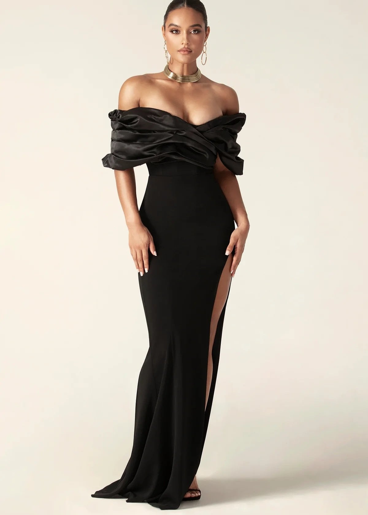 Satin Off Shoulder Sweetheart Ruffle Bodice Column Maxi Gown