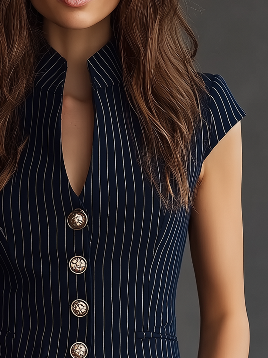 Retro Stand V-Neck Striped Short-Sleeved Blouse - Fashionpara