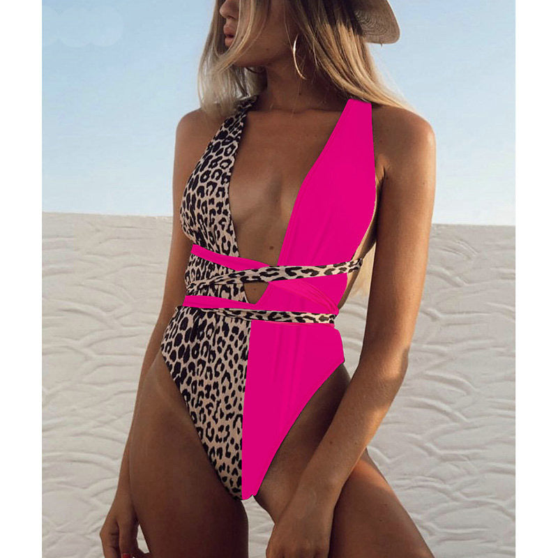 Deep V-neck Strap One-piece Swimsuit - Fashionpara
