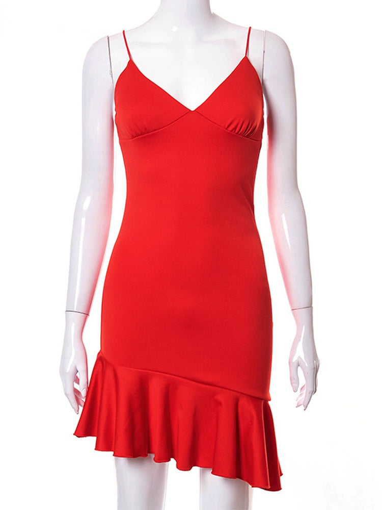 V-Neck Spaghetti Strap Ruched Ruffle Hem Bodycon Mini Dress 4