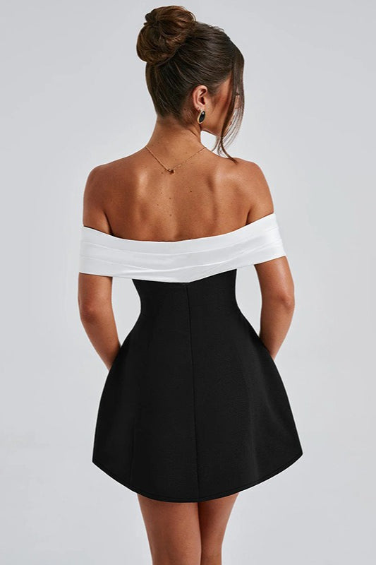 Two Tone Satin Bodice Off Shoulder Structured A-Line Mini Party Dress - View 4