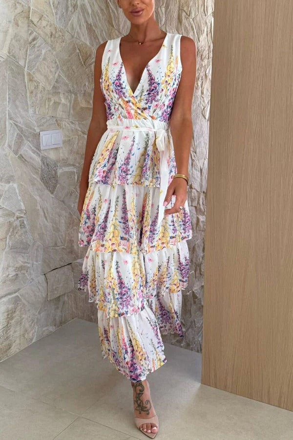 Sunny Views Lavender Print V-neck Tie-up Tiered Maxi Dress - Fashionpara