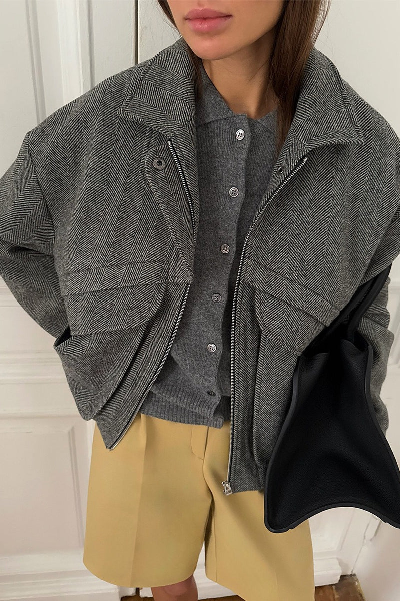 Herringbone Stand Collar Coat - Fashionpara