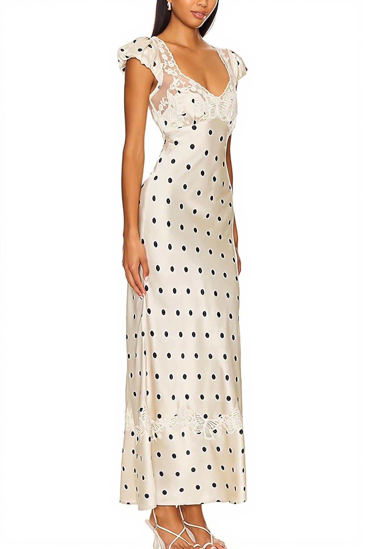 Polka Dot Lace Trim Cap Sleeve Satin Maxi Dress 6