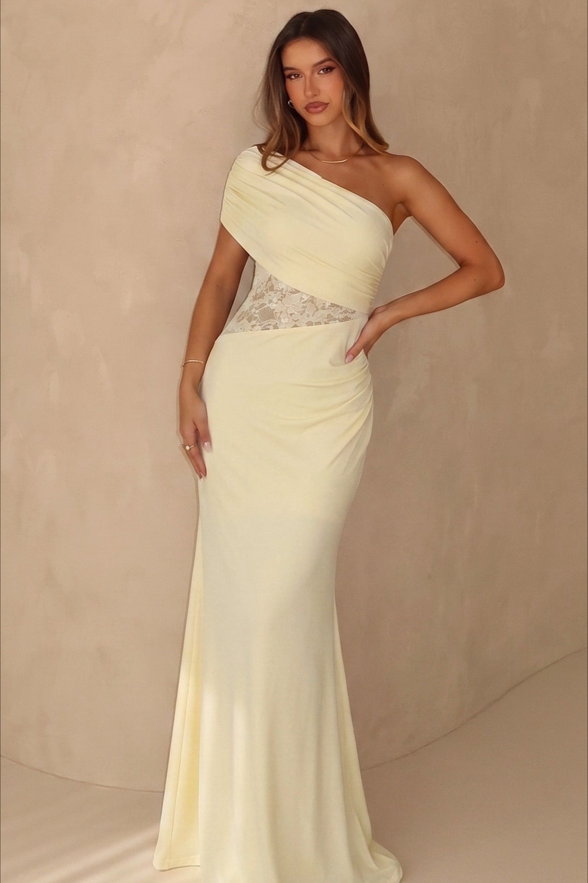 One-Shoulder Lace Cut-Out Ruched Mermaid Gown