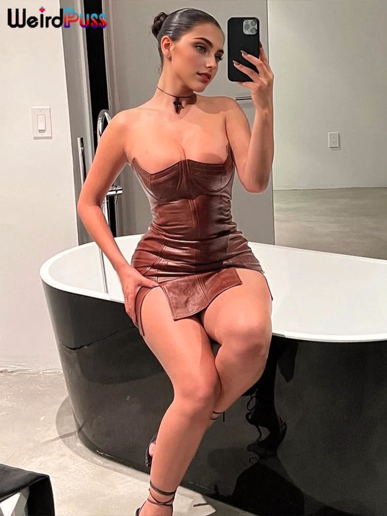 Faux Leather Strapless Corset Split Bodycon Mini Dress 8