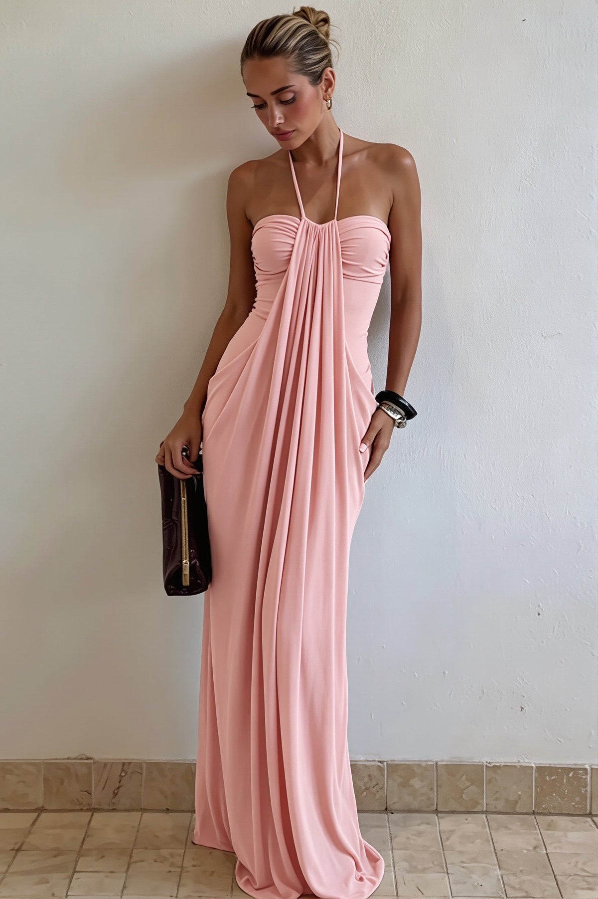 Draped Halter Neck Ruched Column Maxi Formal Gown