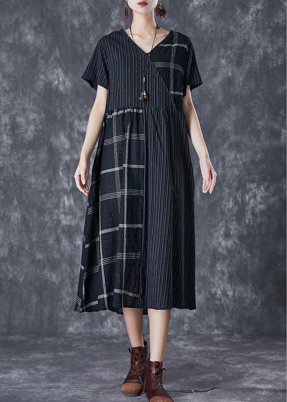 Pinstripe Windowpane Check Patchwork V-Neck Midi Dress