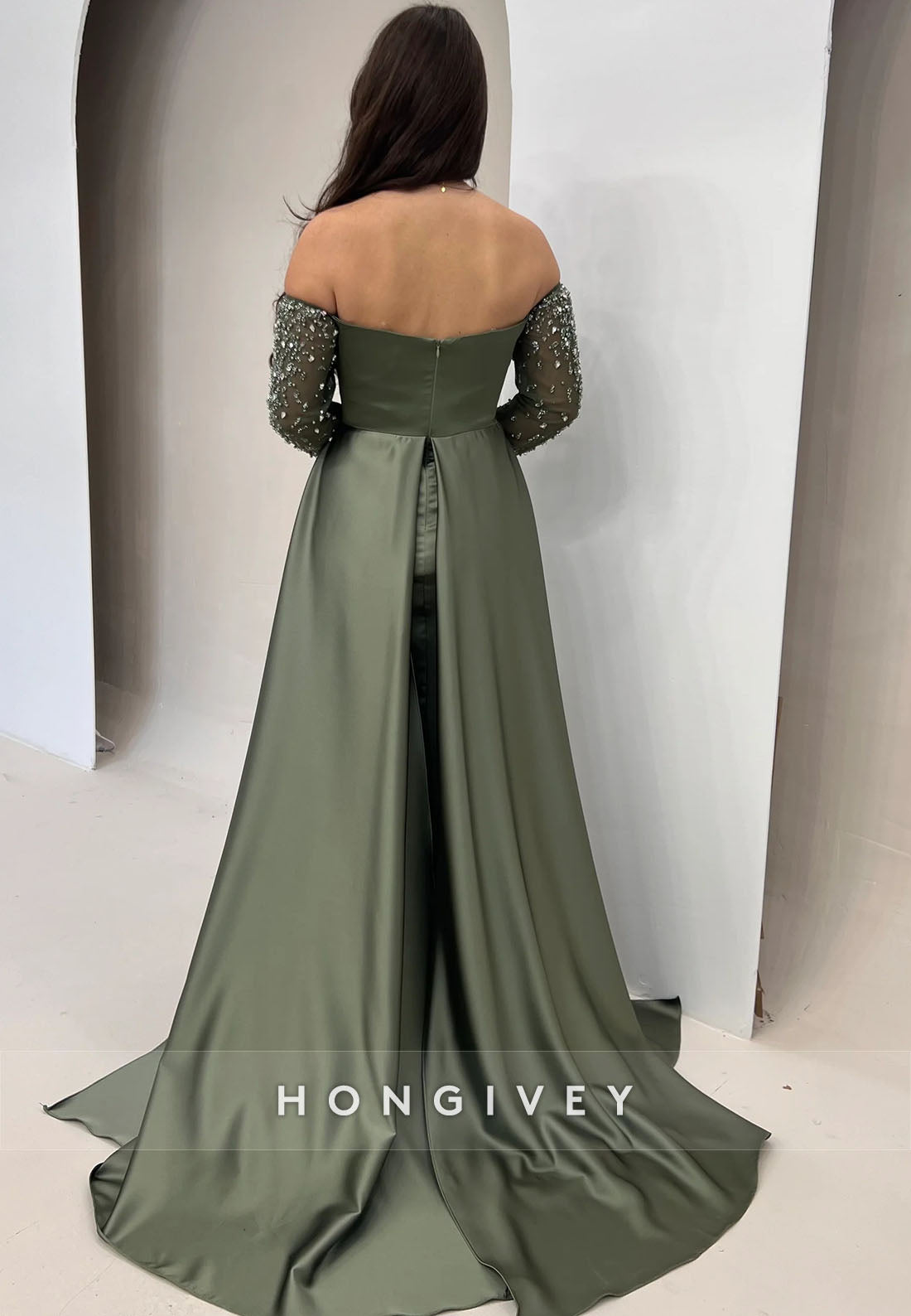 Satin Off the Shoulder Pleated Beading Long Sleeve Sweep Train Column Evening Gown