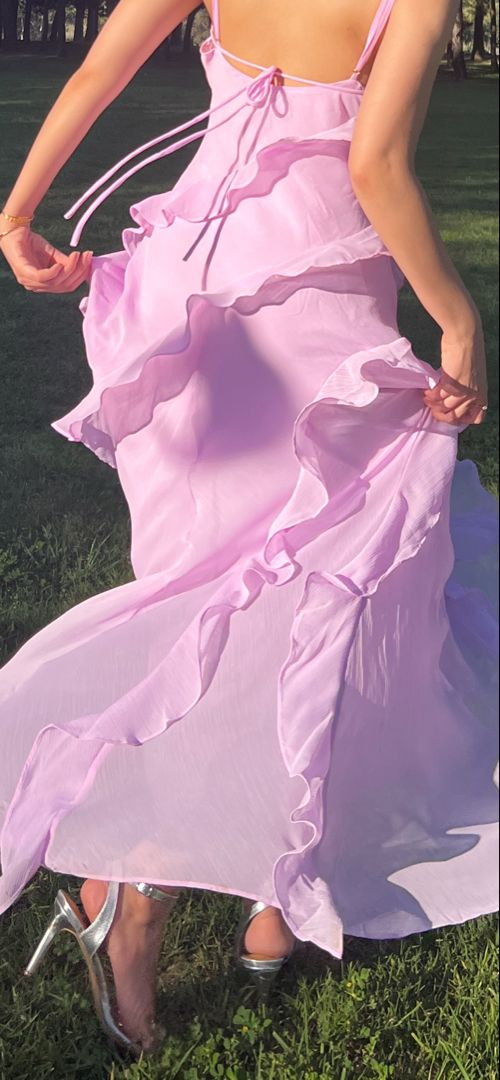 Charming Spaghetti Straps V Neck Pink Chiffon Ruffle Long Wedding Guest Dress Evening Dress D1808