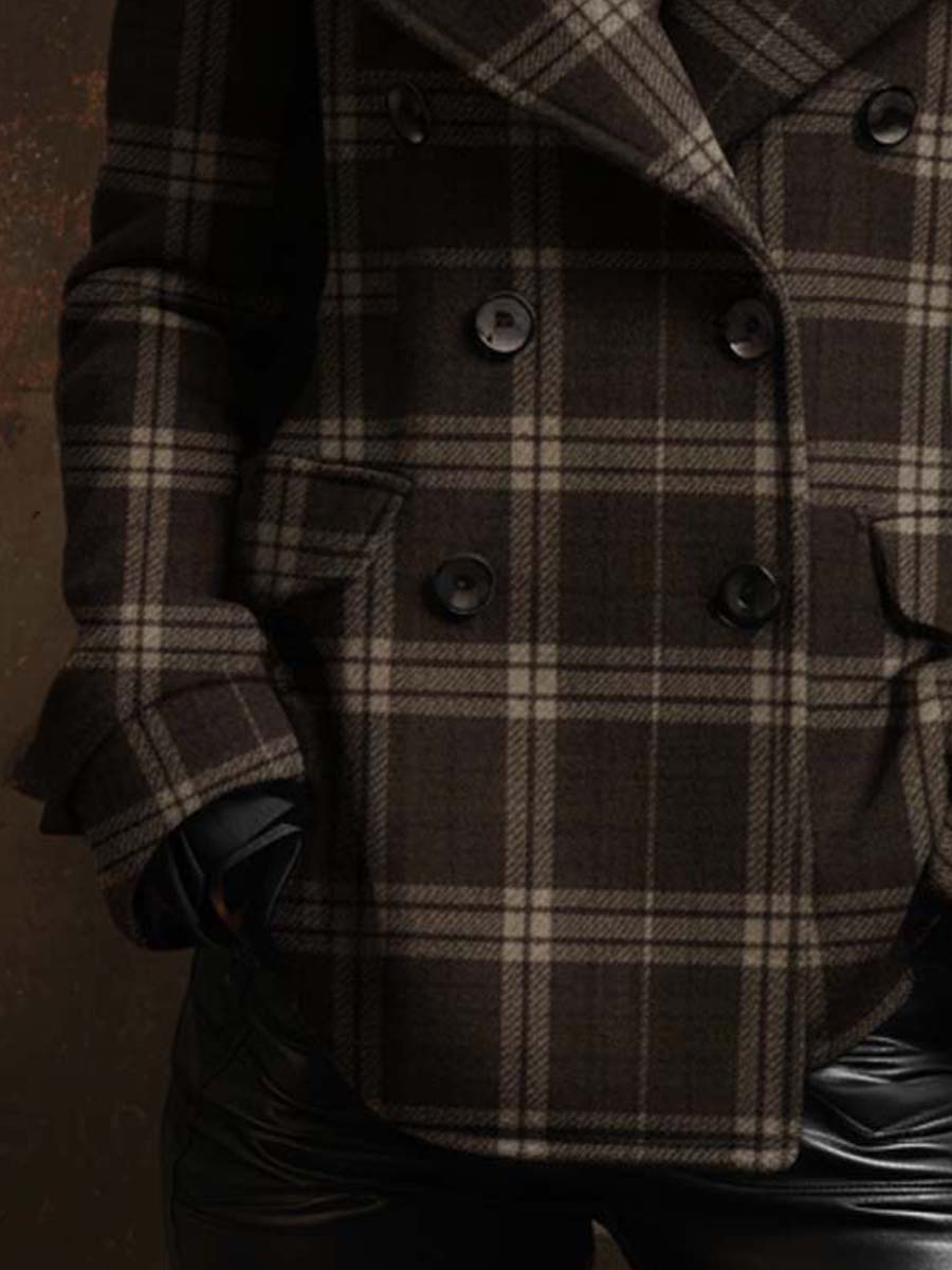 Plaid Wool-Blend Double-Breasted Short Coat