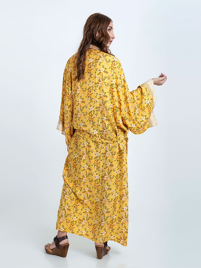 Bridal Party Wear Floral Print Yellow Color Cotton Long Length Gown Robe Kimono