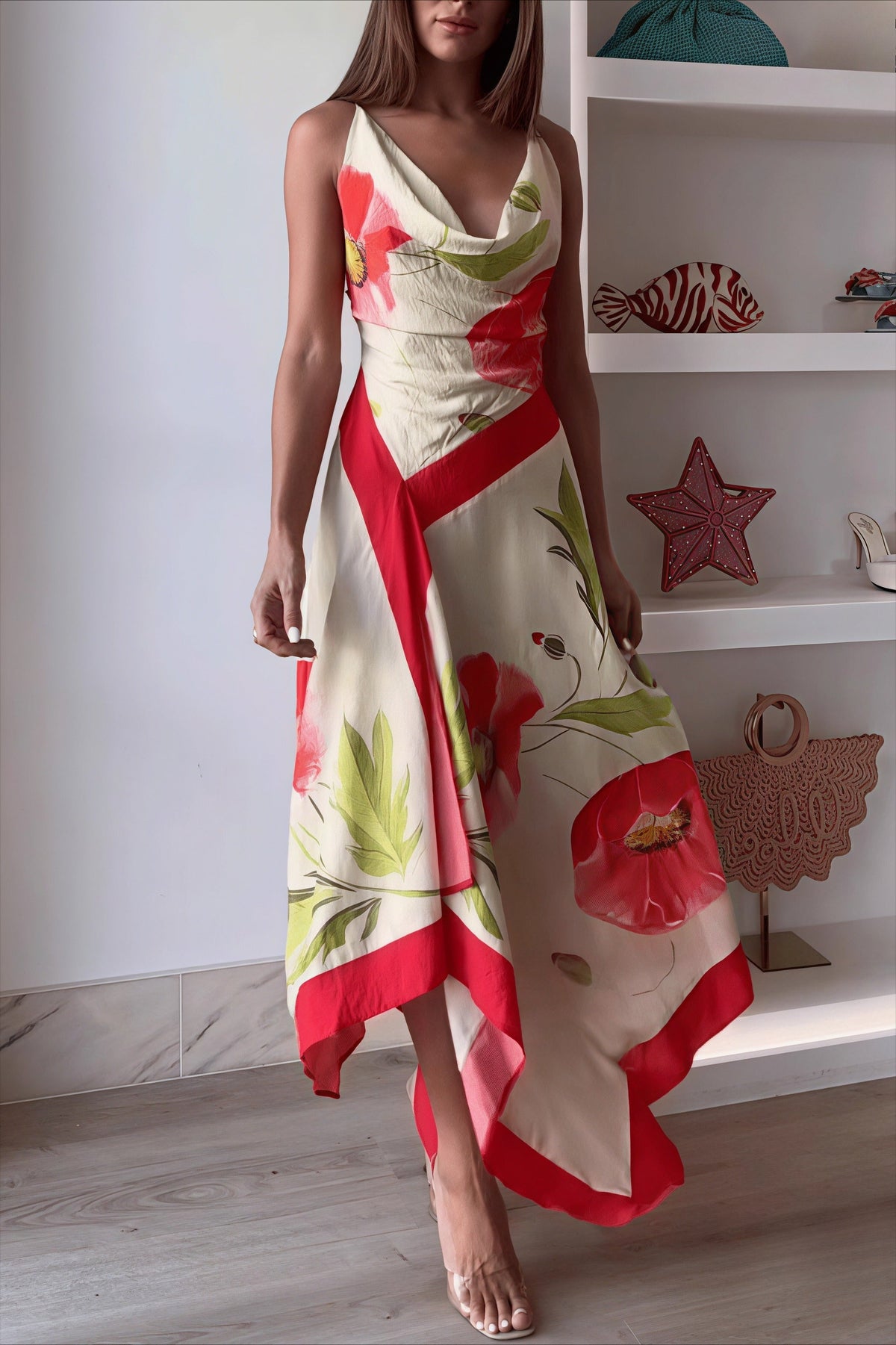 Floral Print Cowl Neck Handkerchief Hem Midi Dress