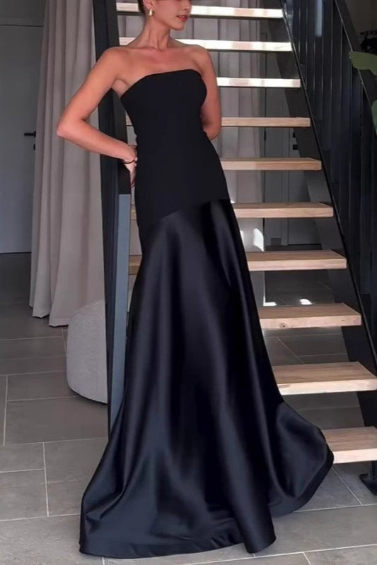 Strapless Satin Paneled A-Line Gown