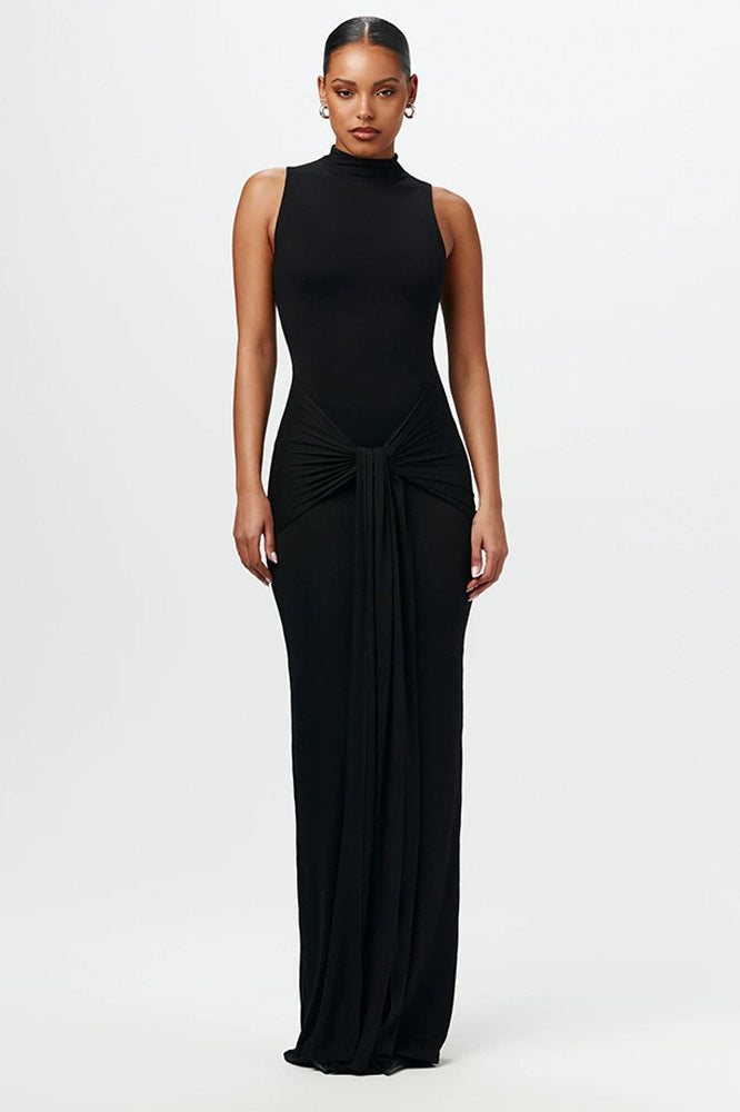 Chic Solid Crew Neck Sleeveless Tie Bodycon Dress