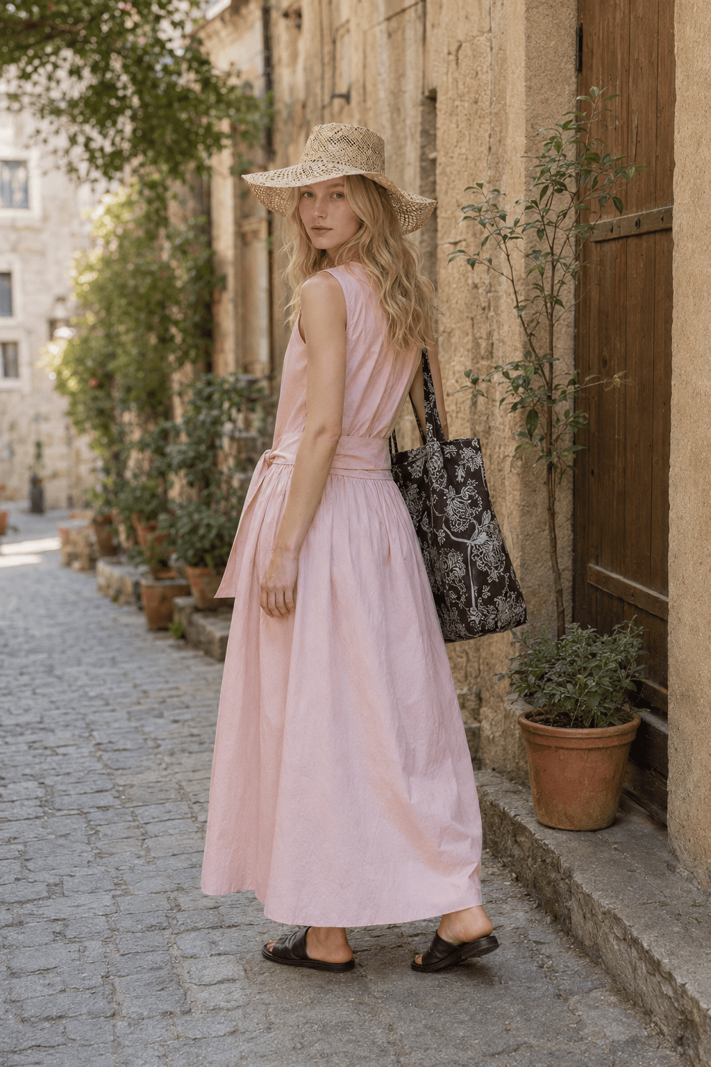 Sleeveless Drop-Waist Tie-Front Tiered Maxi Dress