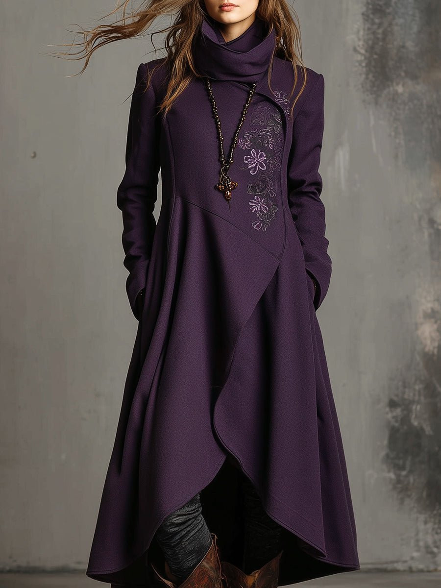 Retro Embroidered Ruffled High Low Hem Woolen Coat - Fashionpara