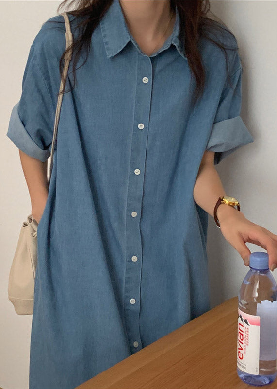 Denim Button Down Shirt Collar Short Sleeve Midi Shirt Dress - View 2
