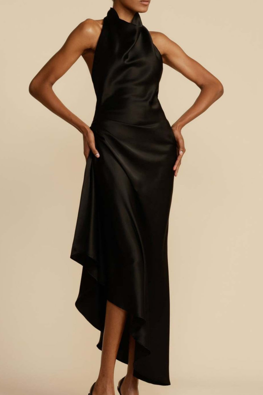 Elegant Solid Long Sleeve V-Neck Satin Lurex Formal Dress