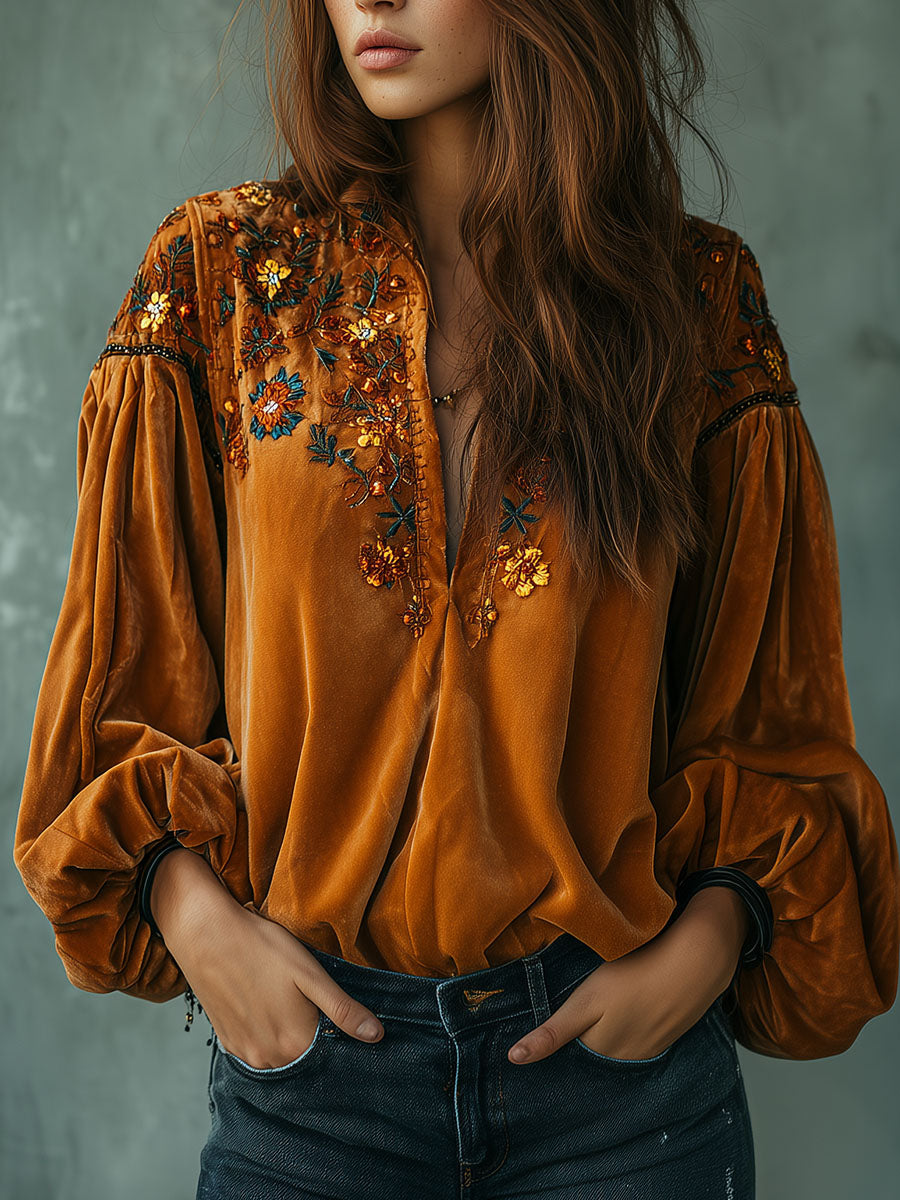 Boho Mustard Yellow Embroidered Velvet Blouse - Fashionpara