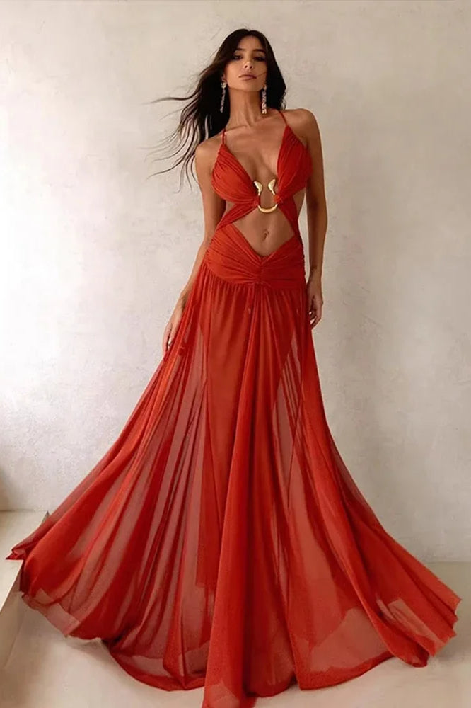 Plunge Neck Cut Out Ring Detail Maxi Gown