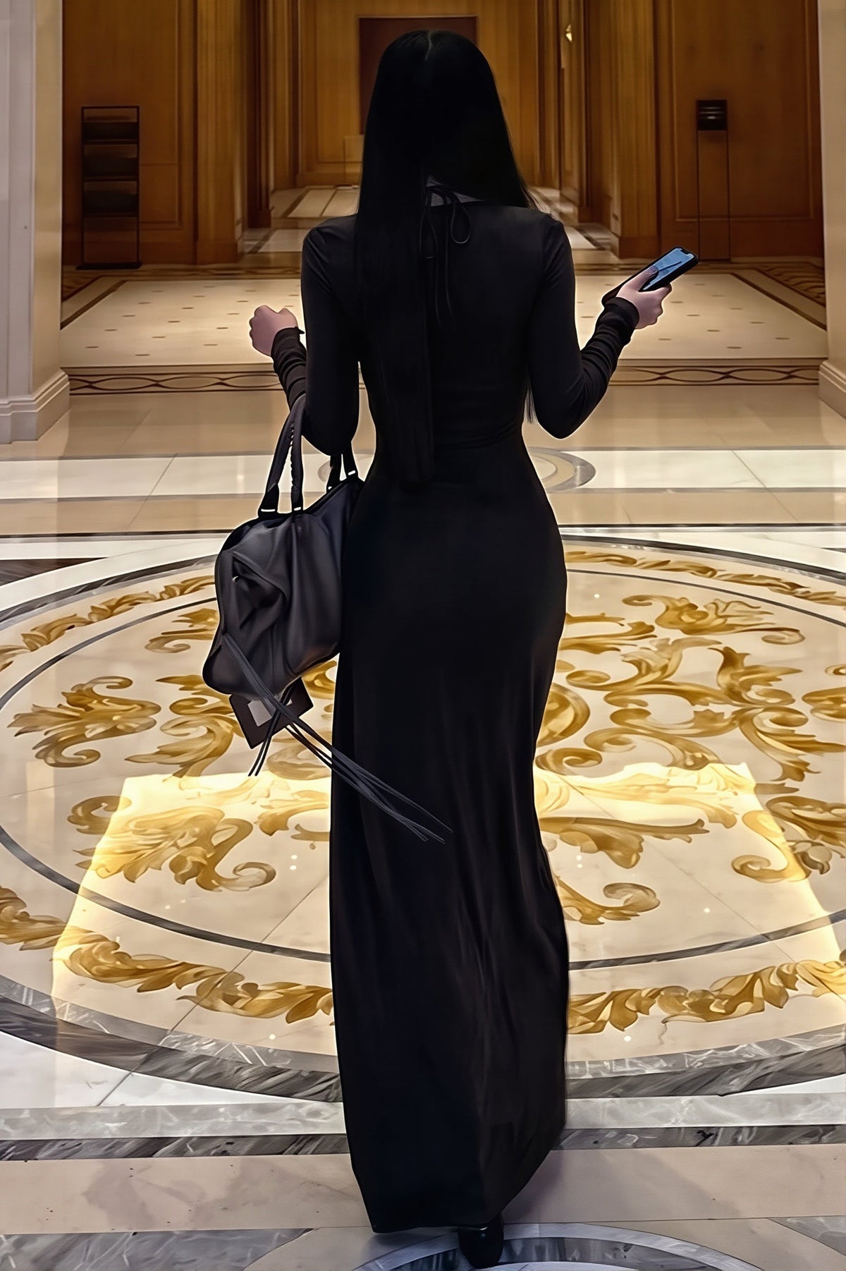 Long Sleeve Halter Neck Ruched Draped Maxi Dress 4